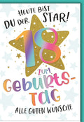 Geburtstagskarte 18 Jahre – Regenbogen 18 mit goldenen Sternen und fröhlichem Design