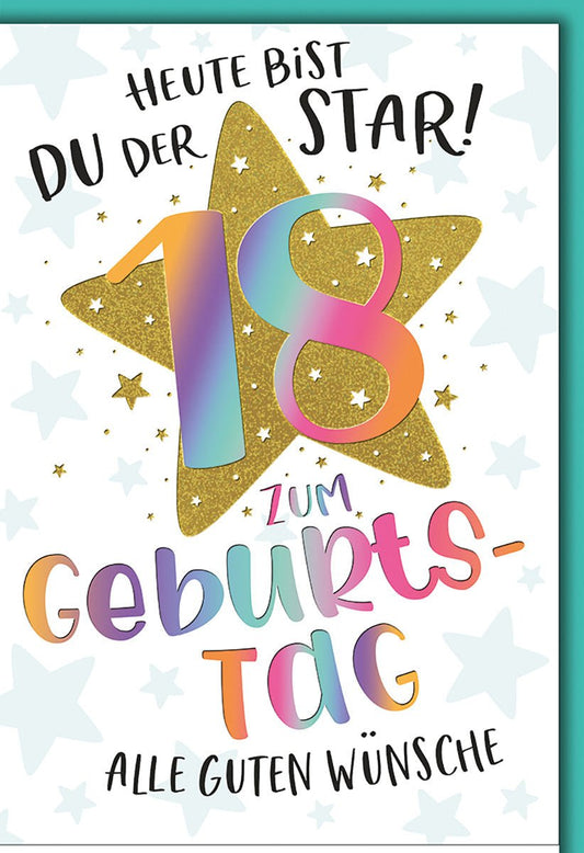 Geburtstagskarte 18 Jahre – Regenbogen 18 mit goldenen Sternen und fröhlichem Design