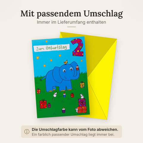 Geburtstagskarte 2. Geburtstag - Fröhlicher Elefant & Bunte Muffins für Jungen & Mädchen