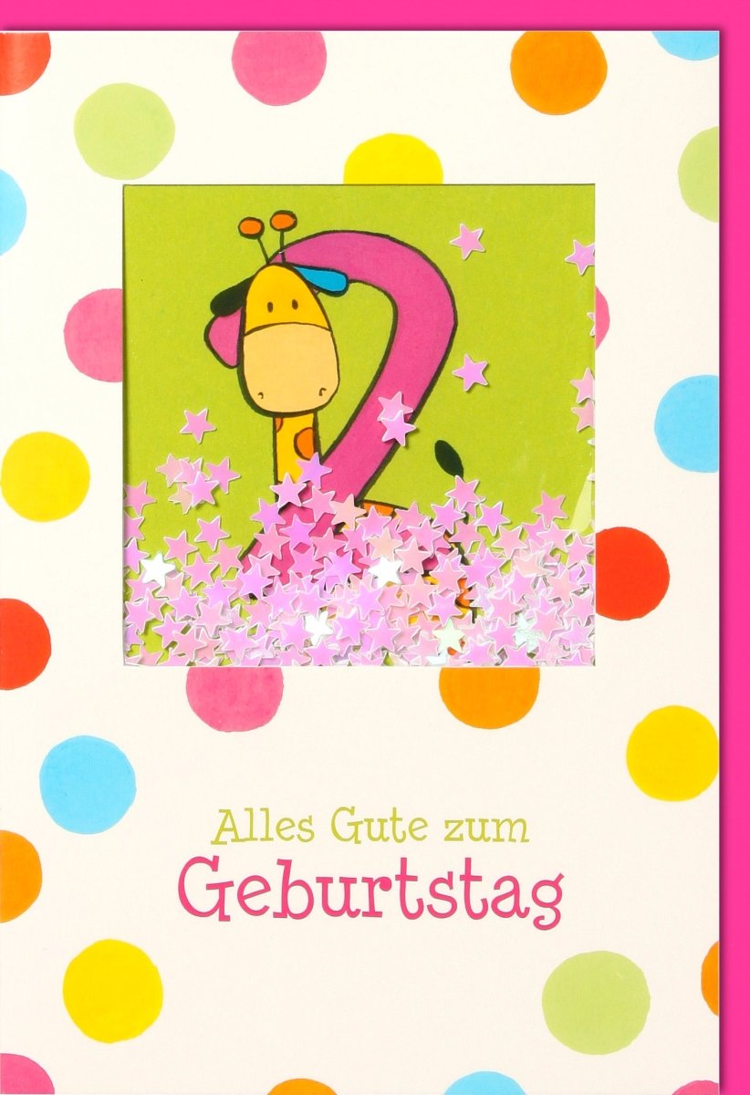Geburtstagskarte 2 Jahre - Bunte Giraffe mit Konfetti, Fröhlicher Partyspaß für Kinder