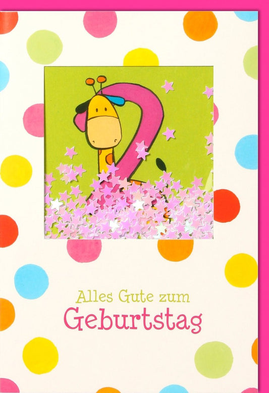 Geburtstagskarte 2 Jahre - Bunte Giraffe mit Konfetti, Fröhlicher Partyspaß für Kinder