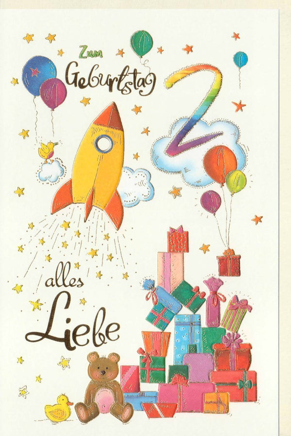 Geburtstagskarte 2 Jahre - Fröhliche Rakete, Ballons & Teddy - Mit Ente und Sternen für Kinderfreude