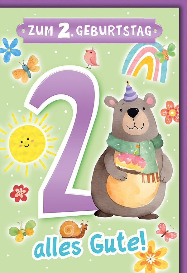 Geburtstagskarte 2 Jahre Kinder – Bär mit Torte und fröhlichen Regenbogen-Elementen