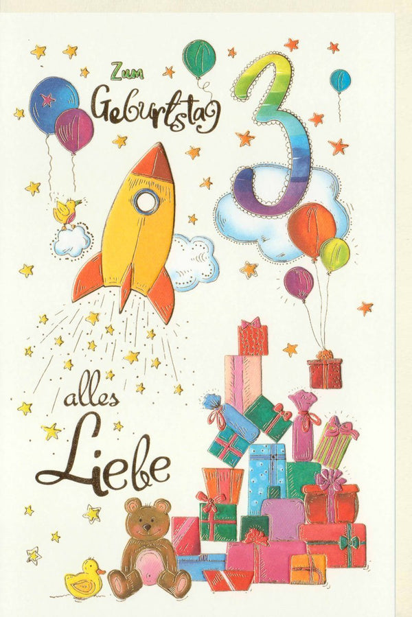 Geburtstagskarte 3 Jahre - Fröhliche Rakete, Ballons & Teddy für Kinderparty Deko