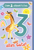 Geburtstagskarte 3 Jahre Kinder – Fröhliche Giraffe mit Sonne und Regenbogen