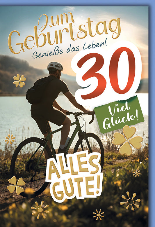 Geburtstagskarte 30 Jahre – Radfahrer im Sonnenuntergang mit Glücksklee und Motivationsspruch