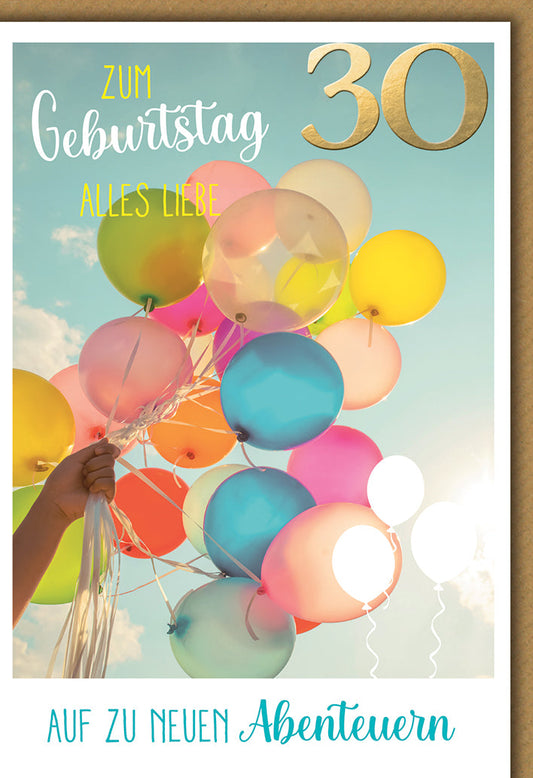Geburtstagskarte 30 Jahre – Bunte Ballons im Himmel mit Abenteuer-Motiv und Goldakzent