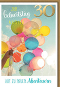 Geburtstagskarte 30 Jahre – Bunte Ballons im Himmel mit Abenteuer-Motiv und Goldakzent