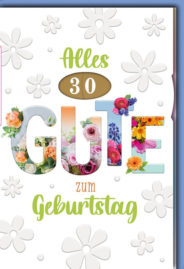 Geburtstagskarte mit Drehrad (20-99 Jahre) – Bunte Blumenbuchstaben mit verspieltem Blumendesign