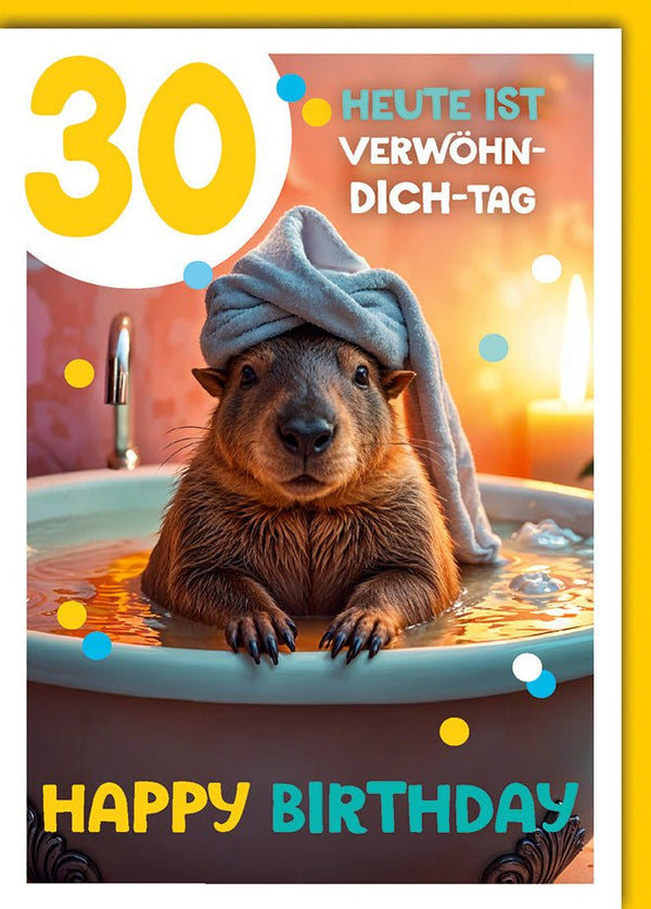 Geburtstagskarte 30 Jahre Lustig – Capybara im Spa mit Handtuch und Kerzenschein