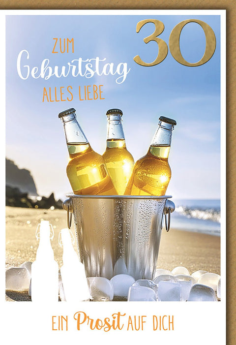 Geburtstagskarte 30 Jahre Männer – Strandmotiv mit Bierflaschen im Eiskübel
