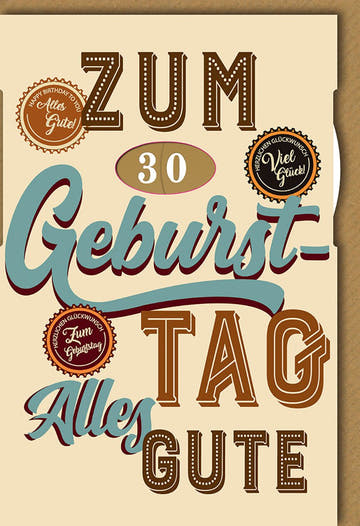 Geburtstagskarte 30 Jahre Retro – Bunte Typografie im Vintage - Stil mit Glückwünschen