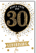 Geburtstagskarte 30 Jahre – Schwarzer Ballon mit goldenen Wörtern und Konfetti-Design