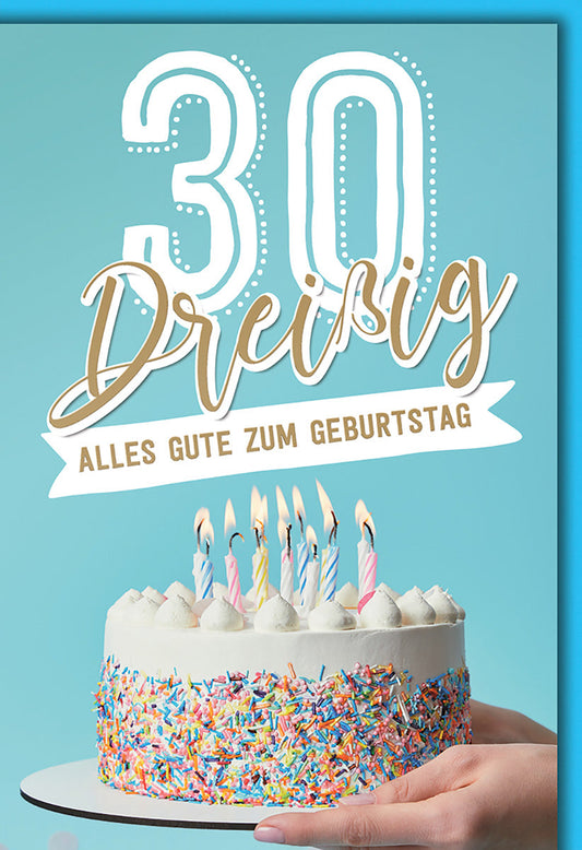 Geburtstagskarte 30 Jahre – Bunte Torte mit Kerzen auf türkisfarbenem Hintergrund