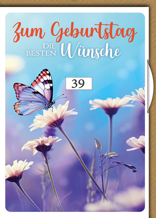 Geburtstagskarte 39 Jahre – Schmetterling auf Blumenwiese in Pastellfarben