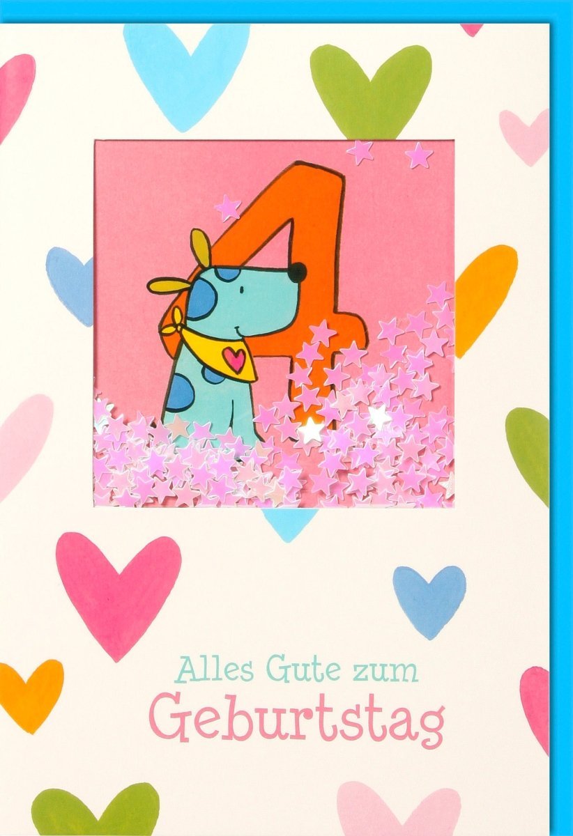 Geburtstagskarte 4 Jahre - Blauer Hund mit gelbem Tuch & Herzchen, Bunte Cartoon - Karte