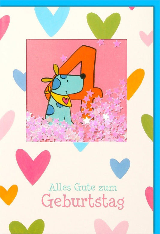 Geburtstagskarte 4 Jahre - Blauer Hund mit gelbem Tuch & Herzchen, Bunte Cartoon - Karte