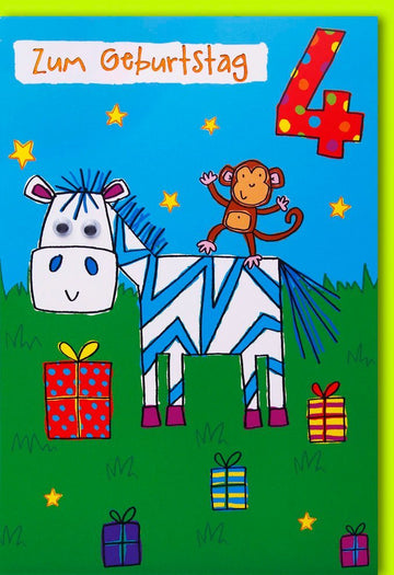 Geburtstagskarte 4 Jahre - Fröhliche Glückwünsche mit Zebra & Affe für Kinder
