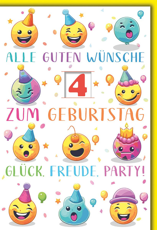 Geburtstagskarte Kinder mit Drehrad (1-9 Jahre) – Bunte Emojis mit Partyhüten und Konfetti-Design