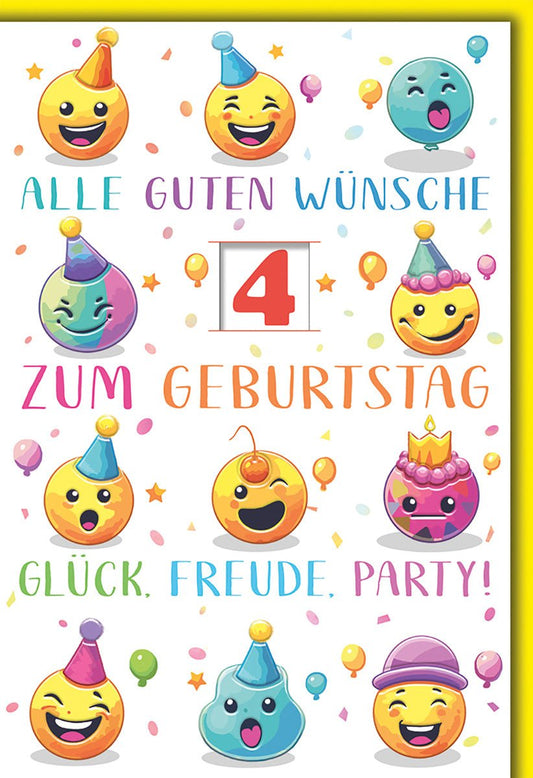 Geburtstagskarte 4 Jahre Kinder – Bunte Emojis mit Partyhüten und Konfetti - Design