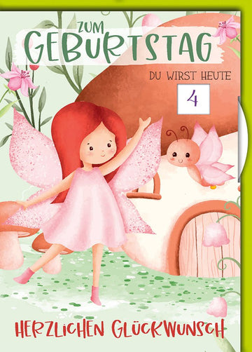 Geburtstagskarte 4 Jahre Kinder – Fee mit Schmetterling und Märchenhaus in Pastellfarben