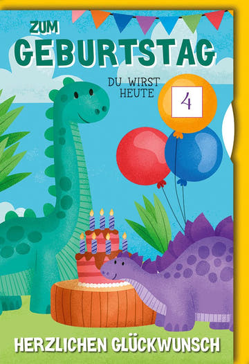 Geburtstagskarte 4 Jahre Kinder – Fröhliche Dinosaurier mit Torte und Luftballons