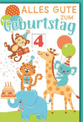 Geburtstagskarte Kinder mit Drehrad (1-9 Jahre) – Fröhliche Tiere mit Ballons und Geburtstagskuchen