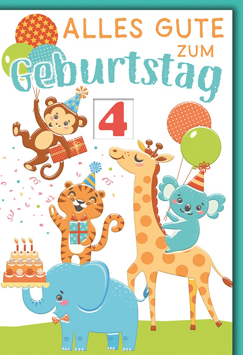 Geburtstagskarte 4 Jahre Kinder – Fröhliche Tiere mit Ballons und Geburtstagskuchen
