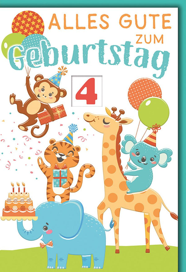 Geburtstagskarte Kinder mit Drehrad (1-9 Jahre) – Fröhliche Tiere mit Ballons und Geburtstagskuchen