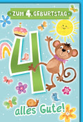 Geburtstagskarte 4 Jahre Kinder – Fröhlicher Affe mit Sonne und bunten Blumen