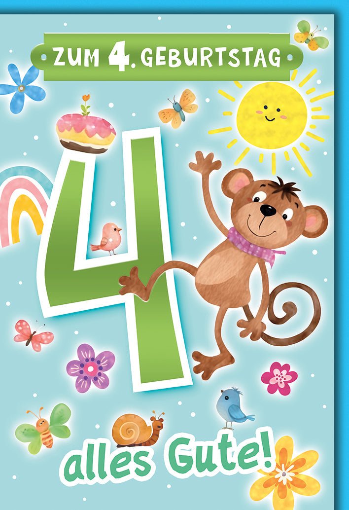 Geburtstagskarte 4 Jahre Kinder – Fröhlicher Affe mit Sonne und bunten Blumen