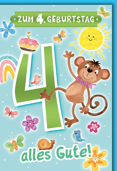 Geburtstagskarte 4 Jahre Kinder – Fröhlicher Affe mit Sonne und bunten Blumen