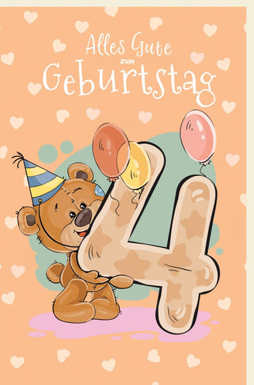 Geburtstagskarte 4 Jahre - Süßer Teddybär mit Ballons & Zahl 4, Bunte Karte für fröhliche Kinderparty