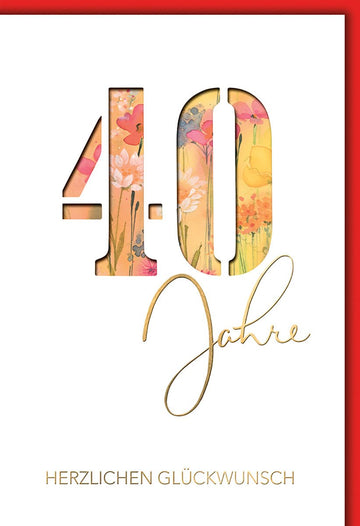 Geburtstagskarte 40 Jahre – Aquarellblumen im Zahlendesign mit Goldschrift