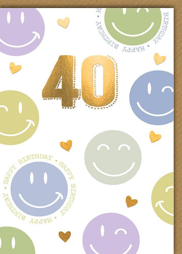 Geburtstagskarte 40 Jahre – Bunte Smileys mit Goldakzenten und fröhlichem Design