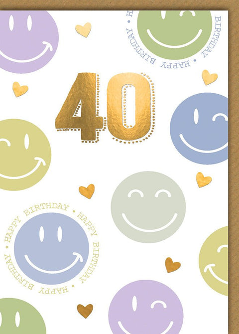 Geburtstagskarte 40 Jahre – Bunte Smileys mit Goldakzenten und fröhlichem Design