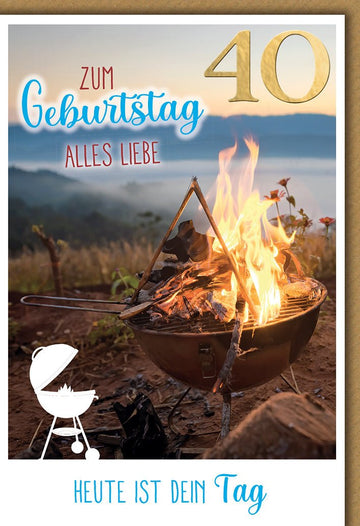 Geburtstagskarte 40 Jahre – Lagerfeuer mit Grill und Naturpanorama im Abendlicht