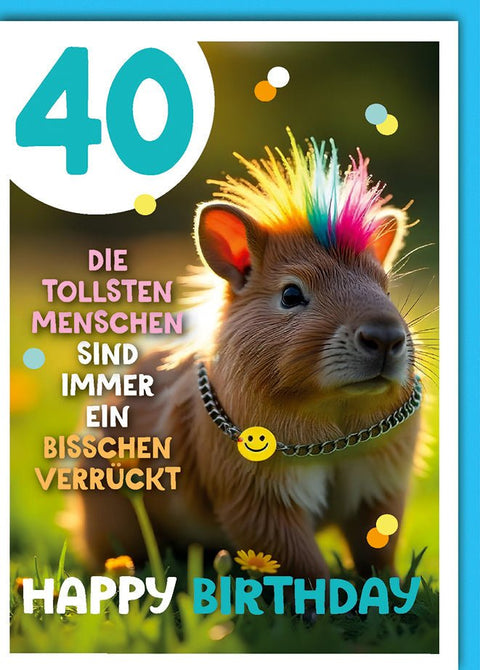 Geburtstagskarte 40 Jahre Lustig – Buntes Meerschweinchen mit Regenbogen - Irokesen und Kette