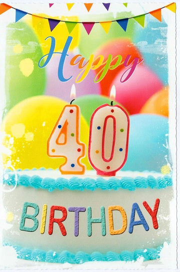 Geburtstagskarte 40 Jahre mit bunter Geburtstagstorte, Kerzen und Luftballons fröhliche Doppelkarte zum runden Jubiläum