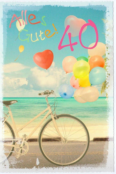 Geburtstagskarte 40 Jahre mit Fahrrad und bunten Luftballons am Strand Alles Gute fröhliche Doppelkarte zum runden Geburtstag