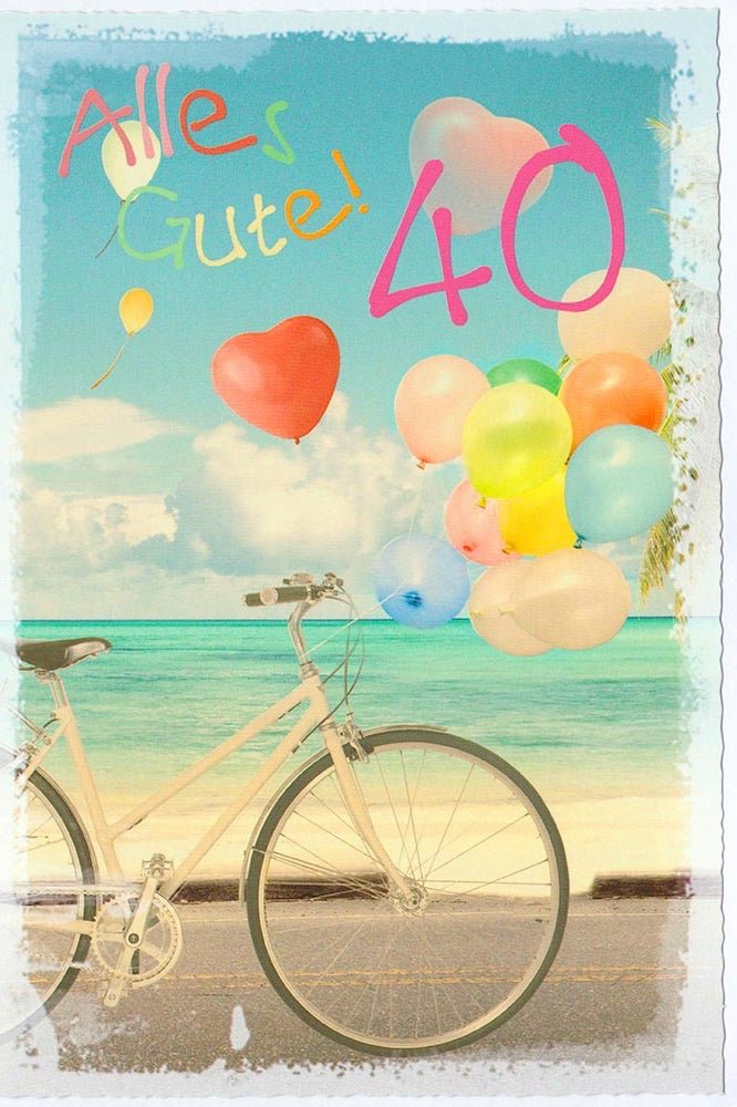 Geburtstagskarte 40 Jahre mit Fahrrad und bunten Luftballons am Strand Alles Gute fröhliche Doppelkarte zum runden Geburtstag