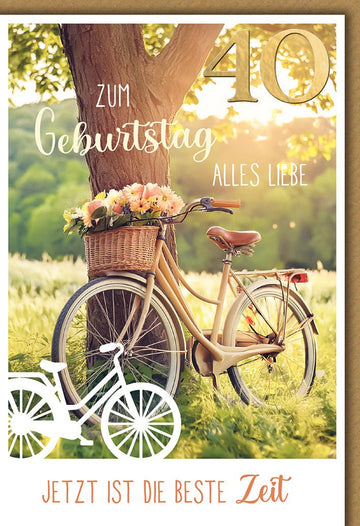 Geburtstagskarte 40 Jahre – Retro Fahrrad mit Blumenkorb im Sonnenuntergang