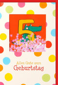Geburtstagskarte 5 Jahre – Fröhliche Krokodilkarte mit Konfetti, Cartoon-Motiv für Kinder, Einladung zur Geburtstagsparty