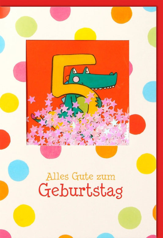 Geburtstagskarte 5 Jahre – Fröhliche Krokodilkarte mit Konfetti, Cartoon - Motiv für Kinder, Einladung zur Geburtstagsparty