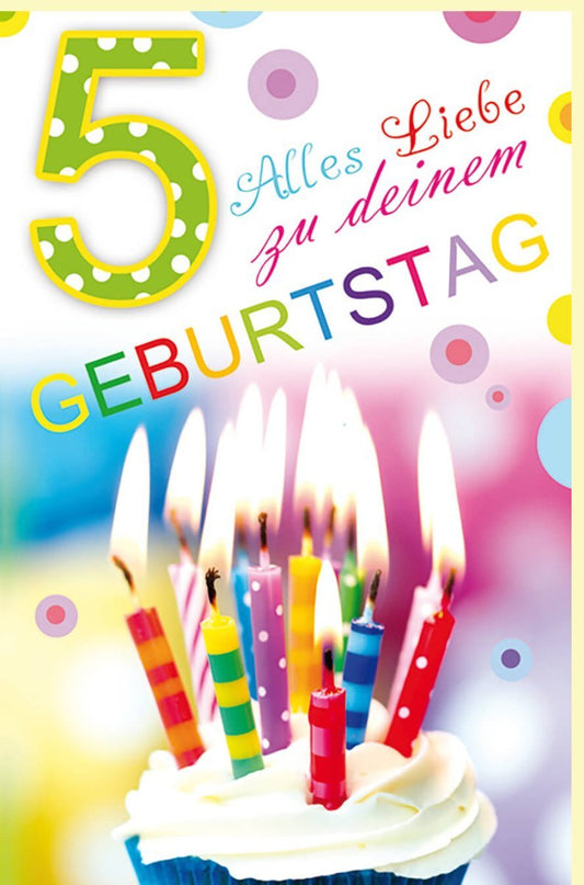 Geburtstagskarte 5 Jahre - Fröhliches Kerzen - und Tortenmotiv für Kindergeburtstag feiern
