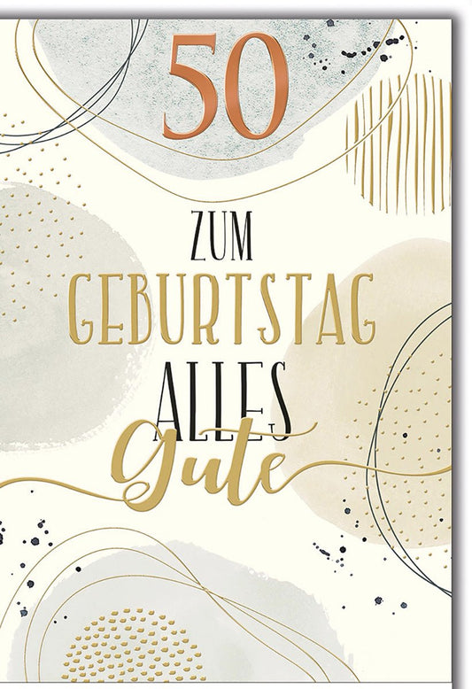 Geburtstagskarte 50 Jahre – Abstrakte Goldakzente mit modernen Kreisen und Linien