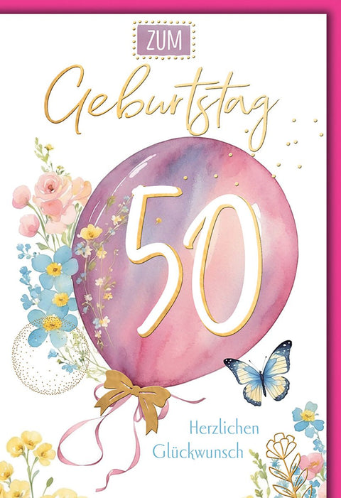 Geburtstagskarte 50 Jahre – Aquarellballon mit Blumen und Schmetterling in Pastell