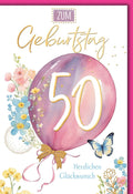 Geburtstagskarte 50 Jahre – Aquarellballon mit Blumen und Schmetterling in Pastell