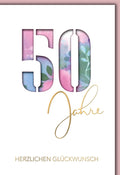 Geburtstagskarte 50 Jahre – Blumendesign in 3D-Optik mit Goldschrift und Aquarellhintergrund
