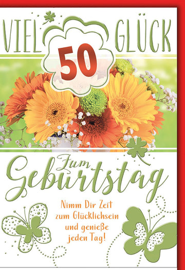 Geburtstagskarte 50 Jahre – Bunte Blumen mit Schmetterlingen und Glückwunschtext